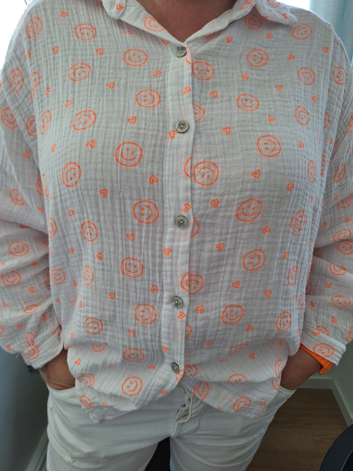 "Waffle" Musselin Bluse "Smileys" weiß/orannge