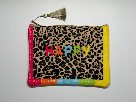Kosmetiktasche „HAPPY“ – Stylische Make-up Tasche mit Leo-Design – Weicher Kulturbeutel Damen