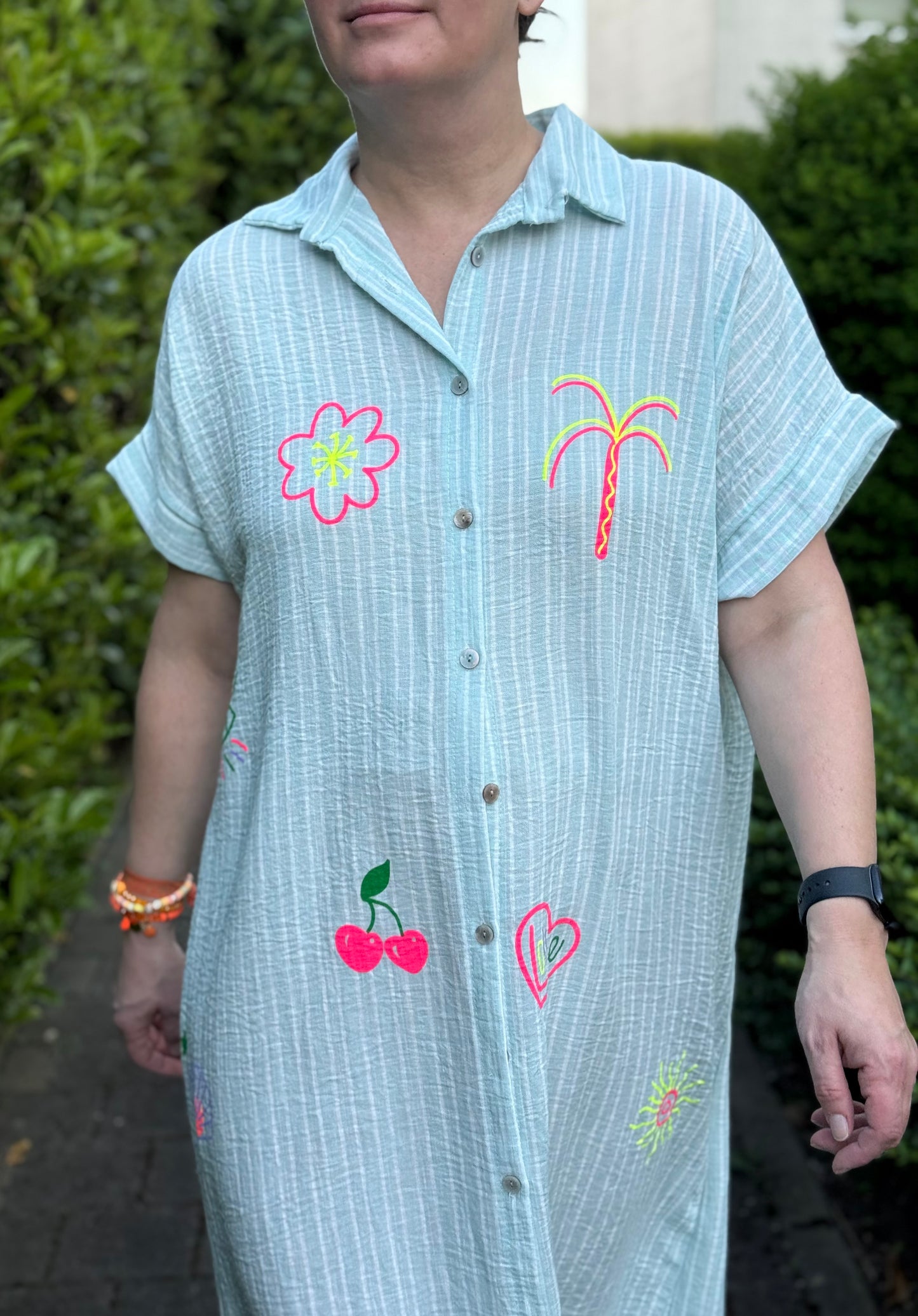 Hemdblusenkleid gestreift weiß mint mit Logos