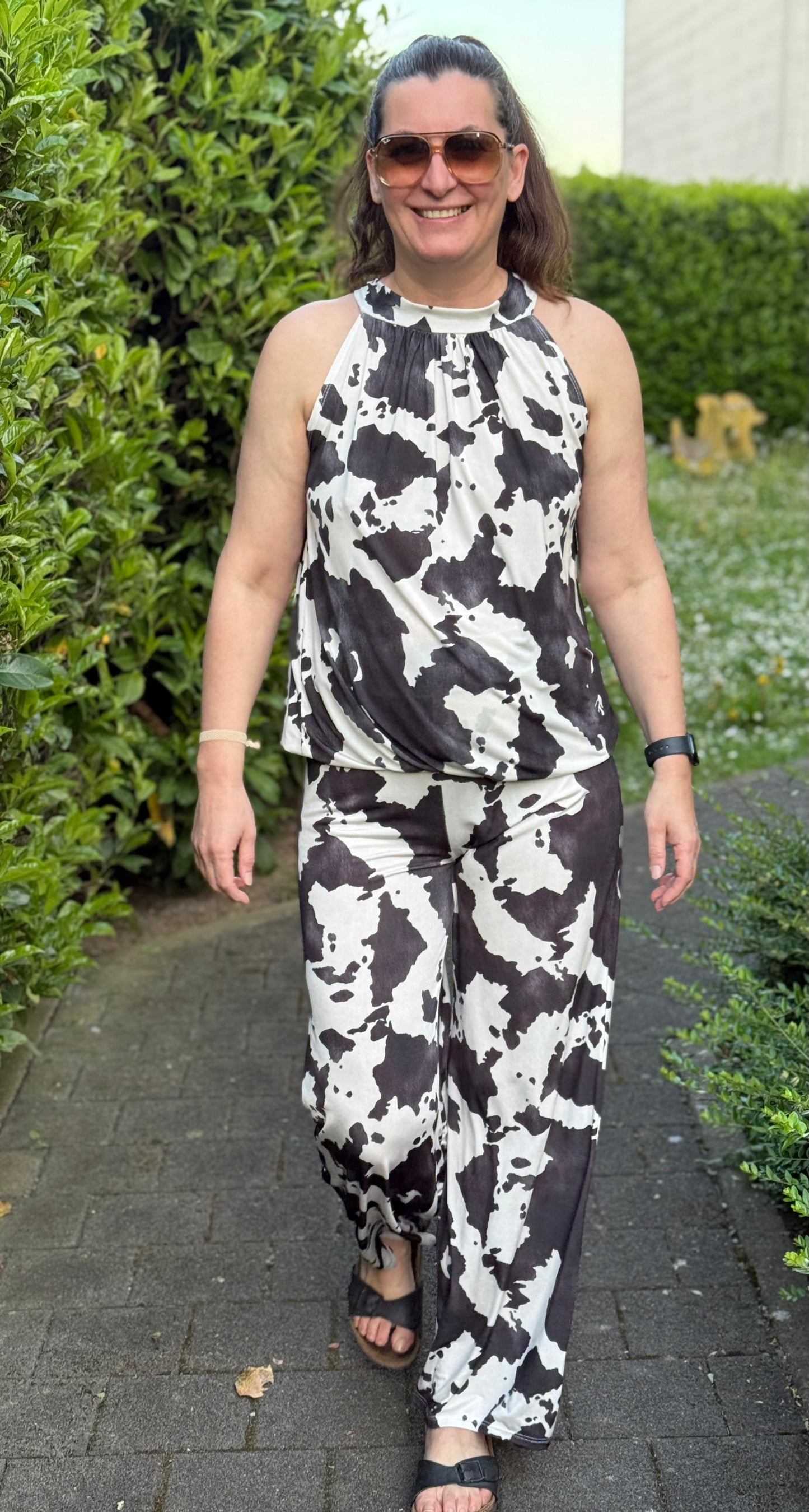 Bluse und Hose in Kuh Print als Set schwarz