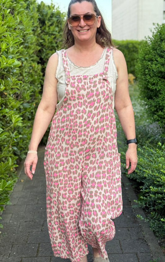 "Waffle" Musselin Leo Latzhose pink/beige