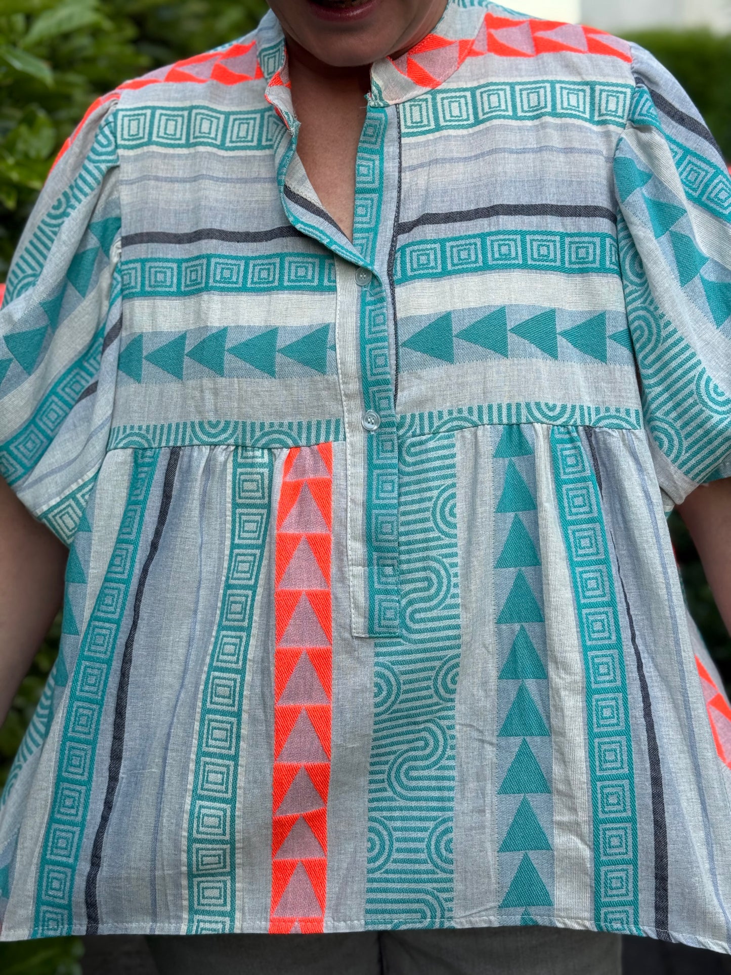 Boho-Bluse mit Ethno Muster blau/orange