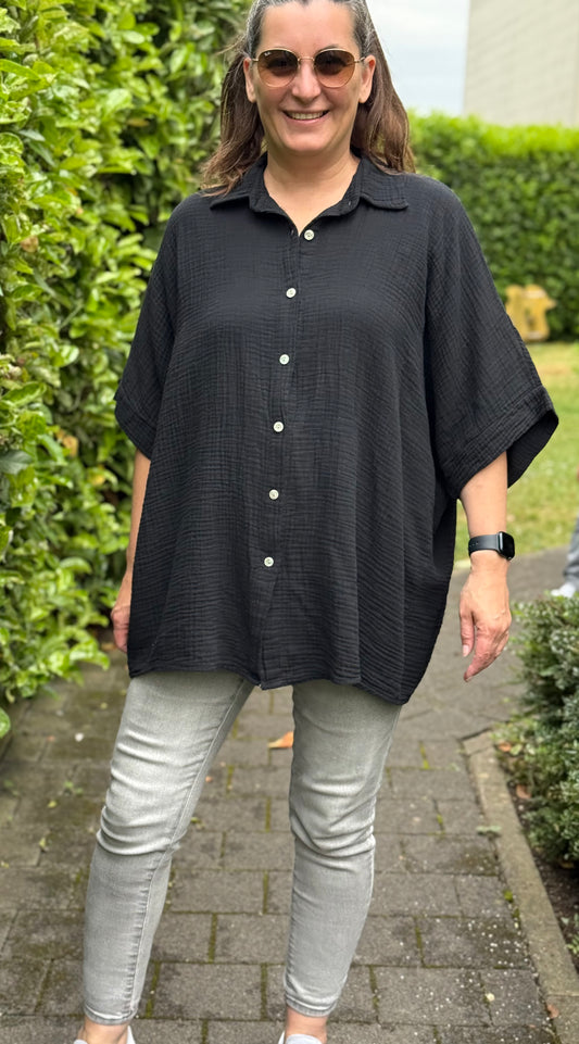 "Waffle" Musselin Bluse schwarz