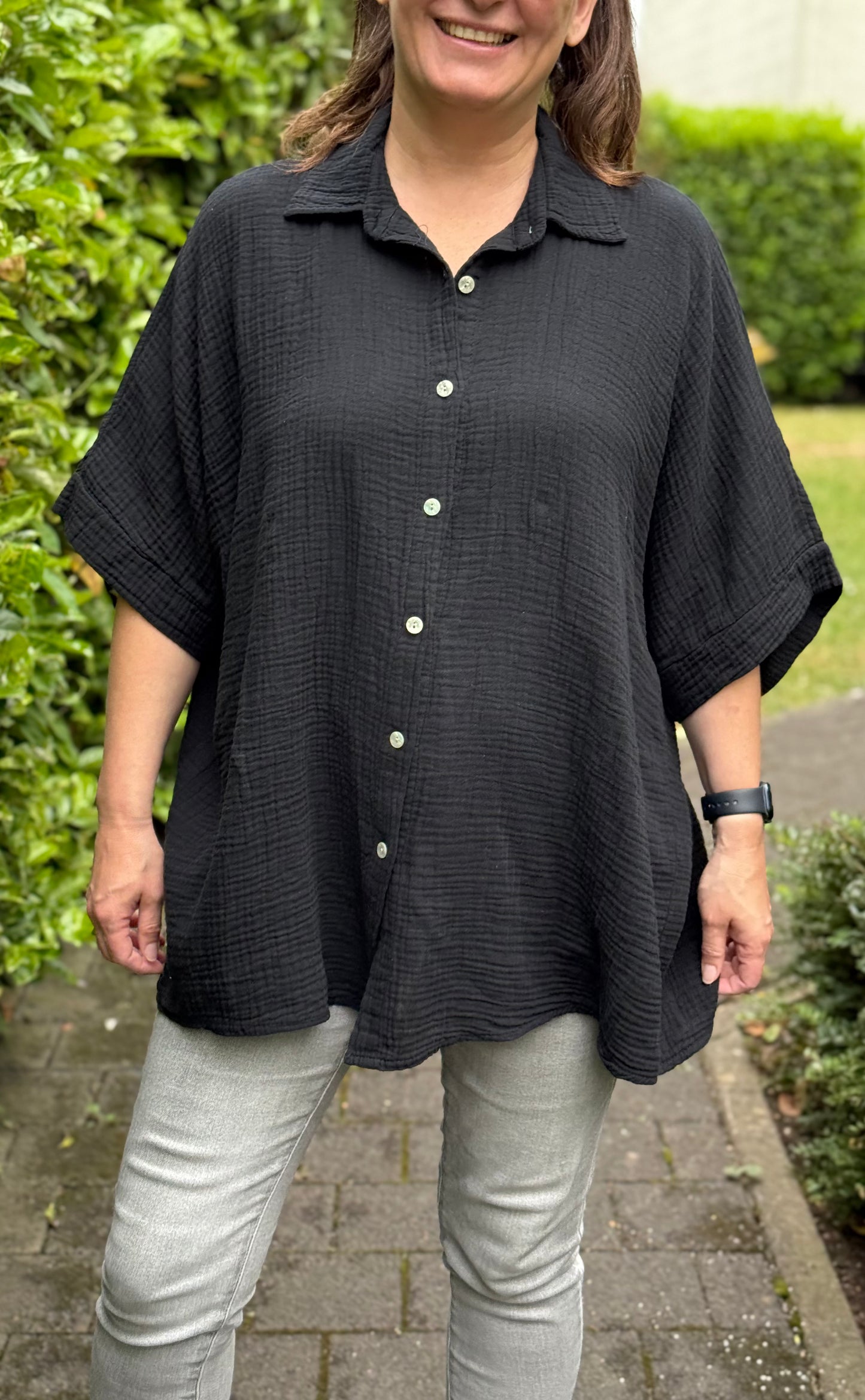 "Waffle" Musselin Bluse schwarz