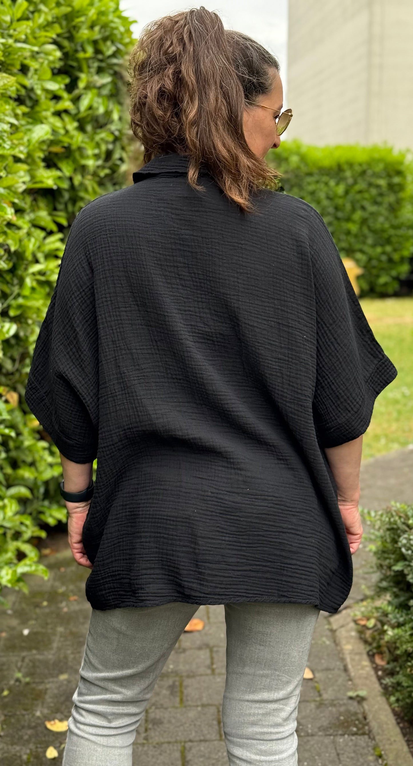 "Waffle" Musselin Bluse schwarz