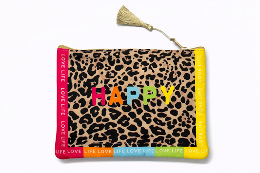 Kosmetiktasche „HAPPY“ – Stylische Make-up Tasche mit Leo-Design – Weicher Kulturbeutel Damen