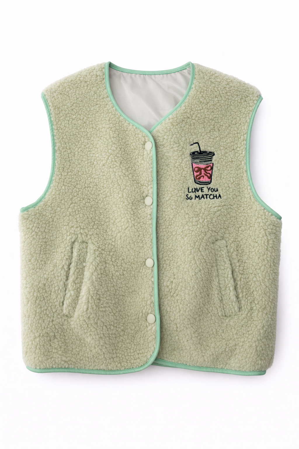 Teddy Weste „Love You So Matcha“ – Kuschelige Damen Weste mit Statement Print – Trend Layering Piece