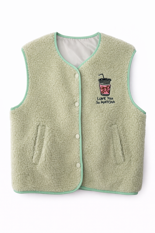 Teddy Weste „Love You So Matcha“ – Kuschelige Damen Weste mit Statement Print – Trend Layering Piece