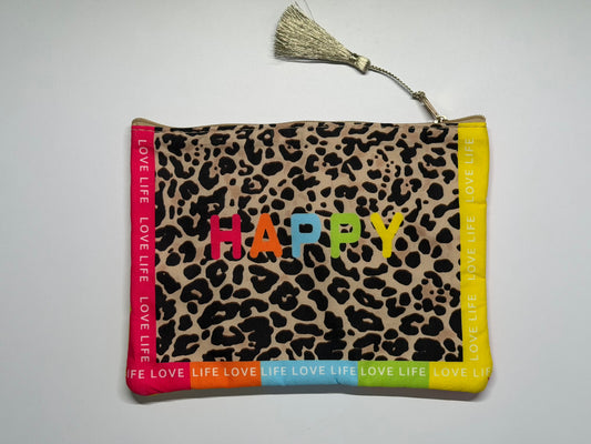 Kosmetiktasche „HAPPY“ – Stylische Make-up Tasche mit Leo-Design – Weicher Kulturbeutel Damen