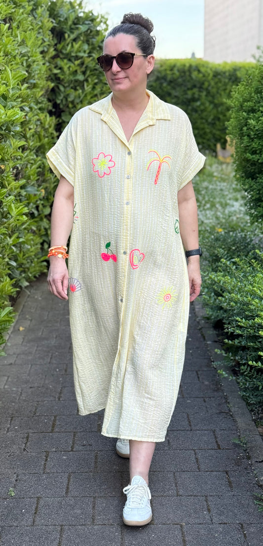 Hemdblusenkleid gestreift weiß/gelb mit Logos