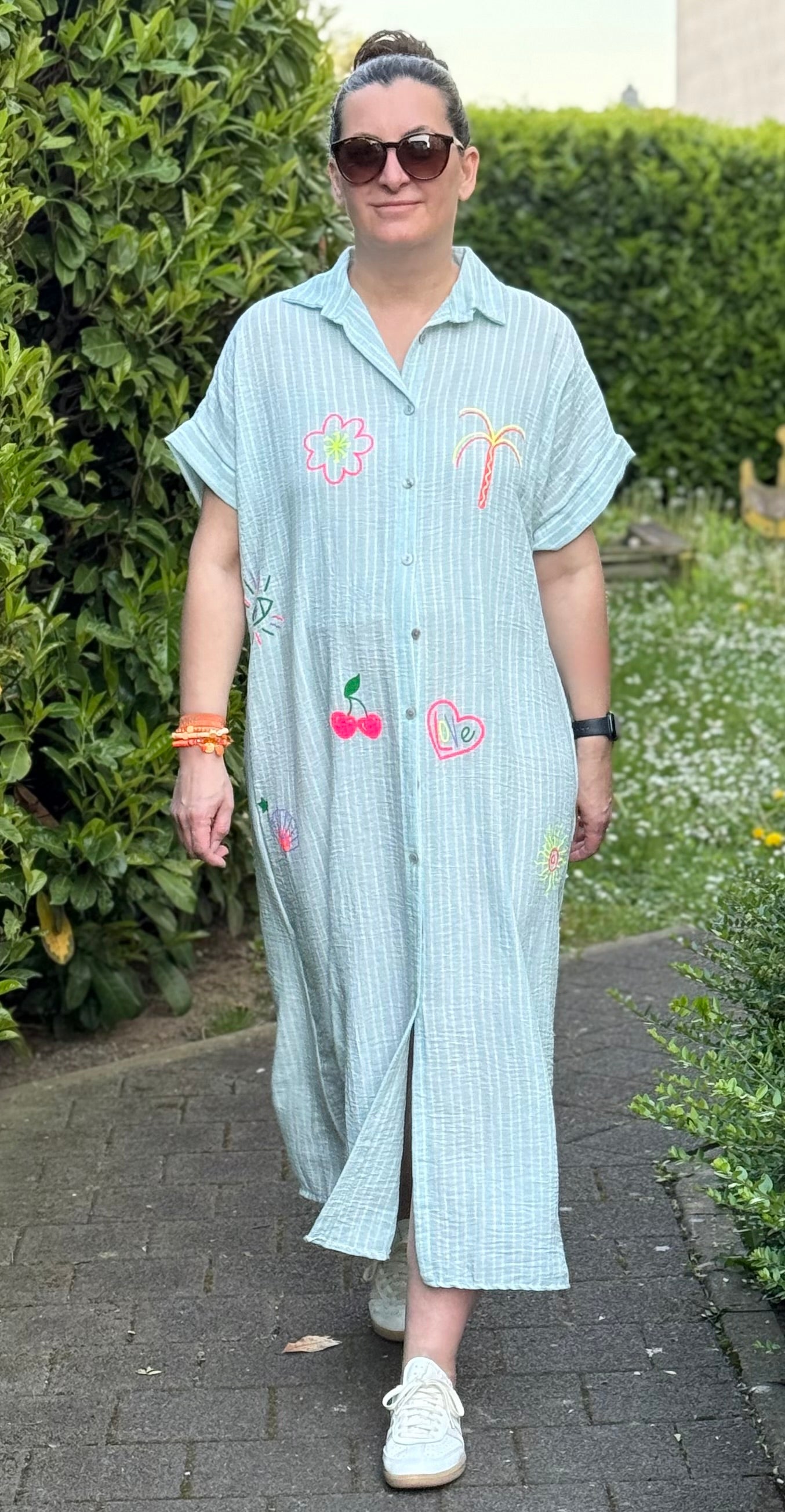 Hemdblusenkleid gestreift weiß mint mit Logos