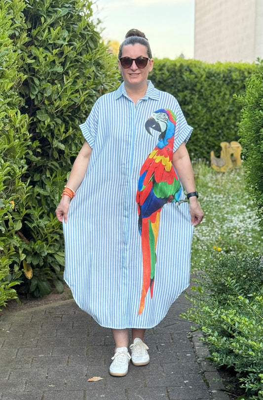 Hemdblusenkleid blau weiß gestreift Papagei
