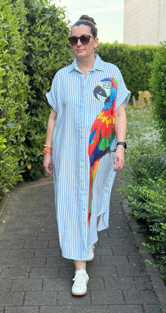 Hemdblusenkleid blau weiß gestreift Papagei
