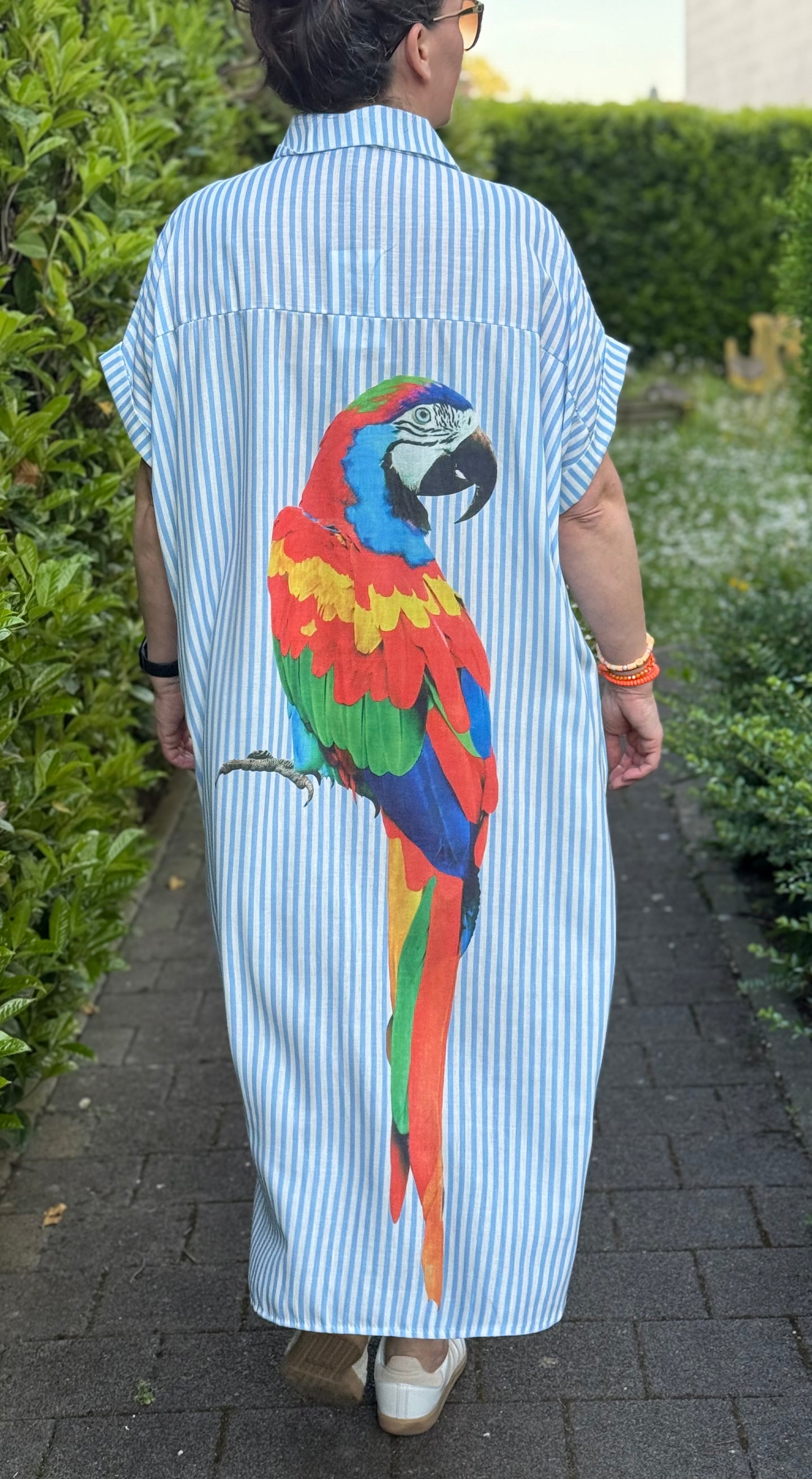 Hemdblusenkleid blau weiß gestreift Papagei