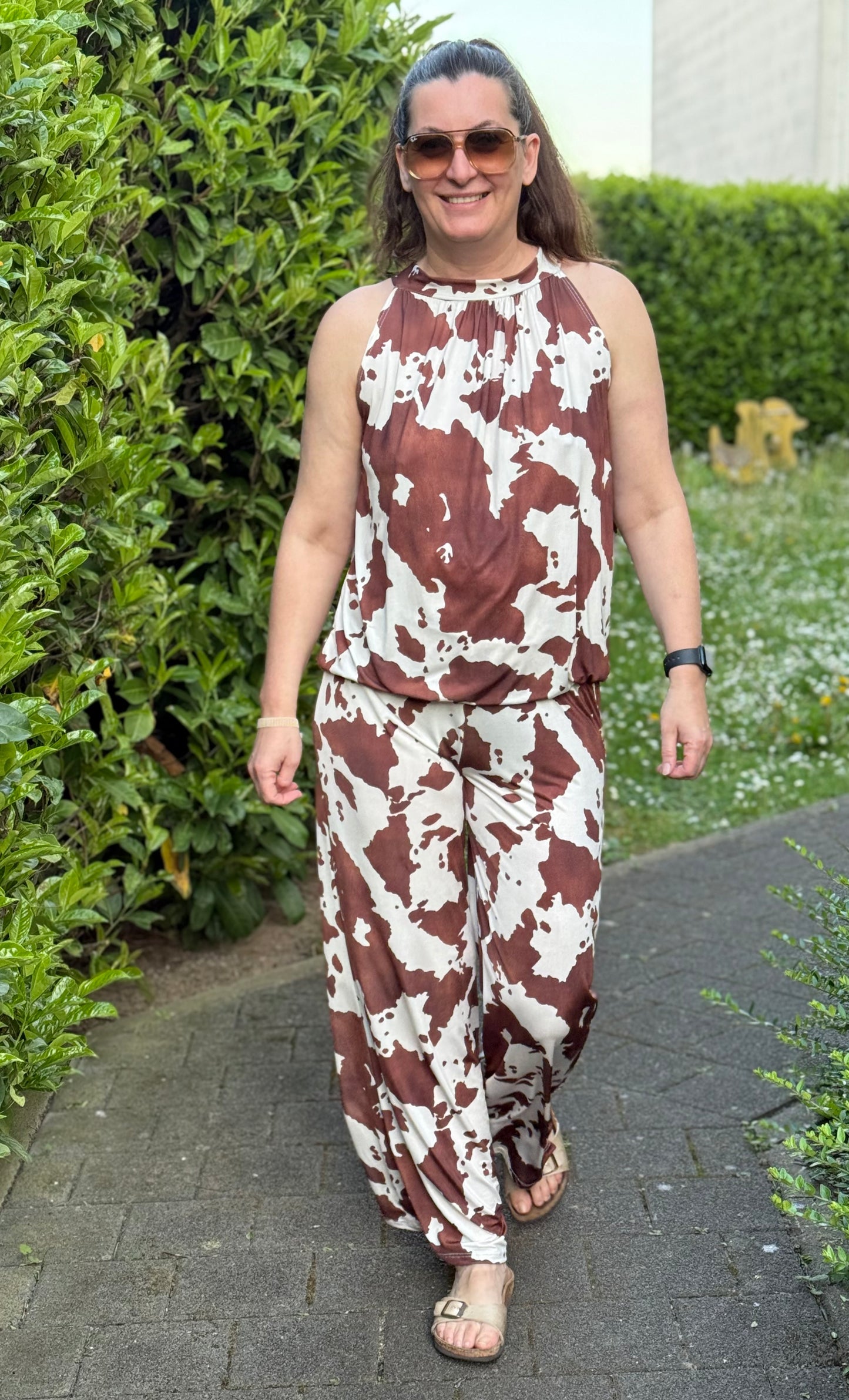 Bluse und Hose in Kuh Print als Set braun