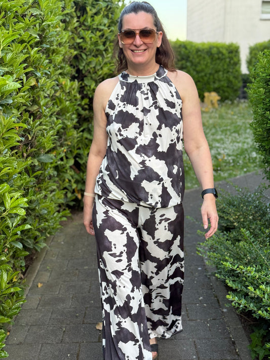 Bluse und Hose in Kuh Print als Set schwarz