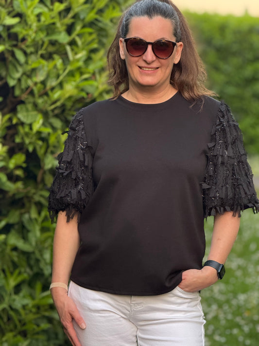 T-Shirt Oberteil schwarz mit Fransen