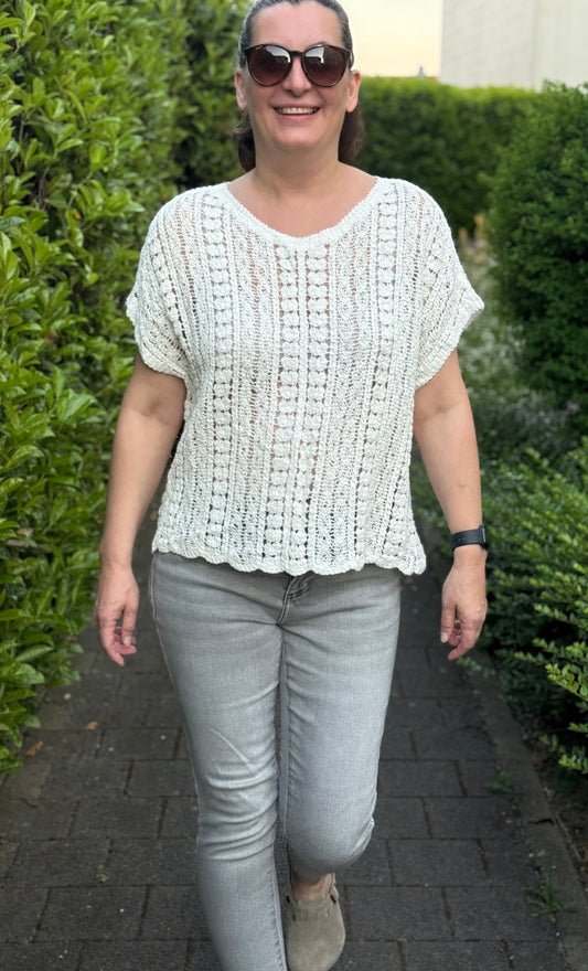 Summer Crochet Oberteil mit kurzen Ärmeln weiß