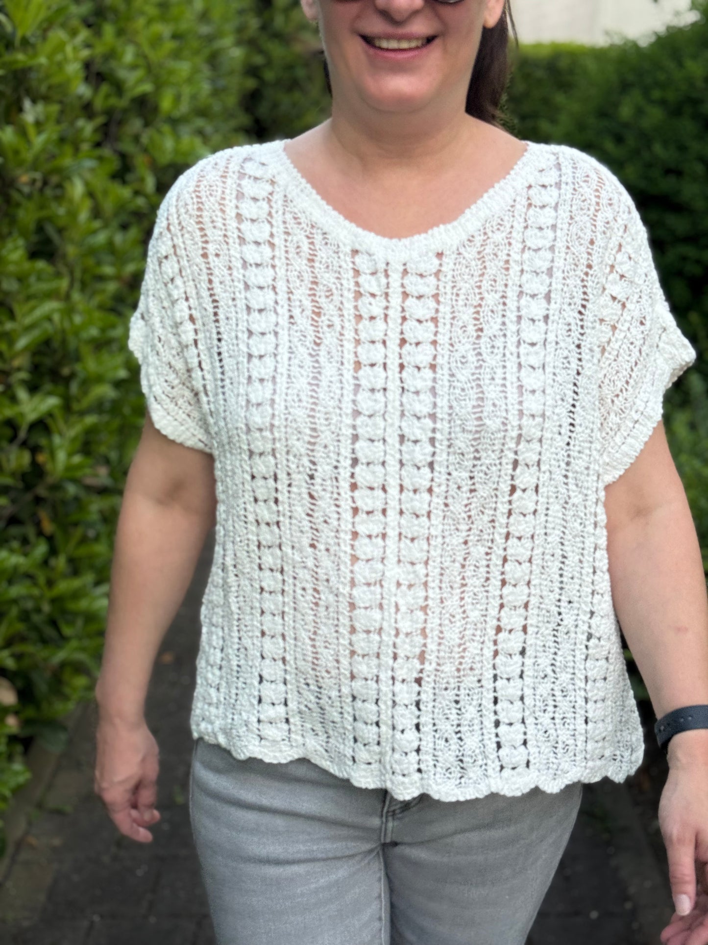 Summer Crochet Oberteil mit kurzen Ärmeln weiß