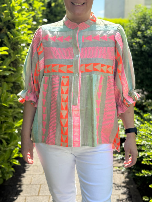 Boho-Bluse mit Ethno Muster pink/orange
