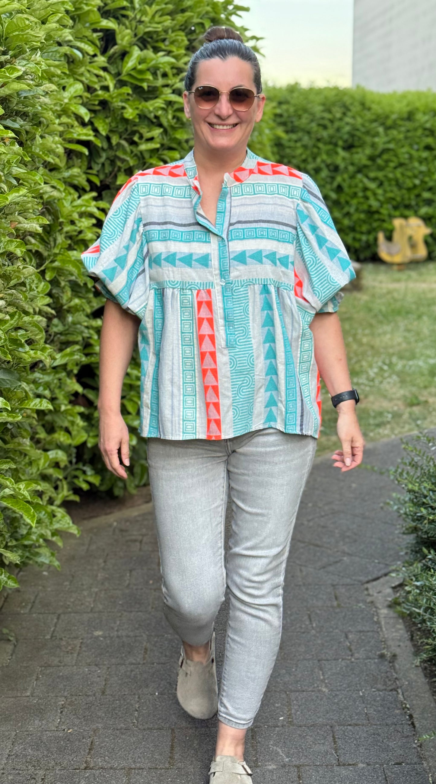 Boho-Bluse mit Ethno Muster blau/orange