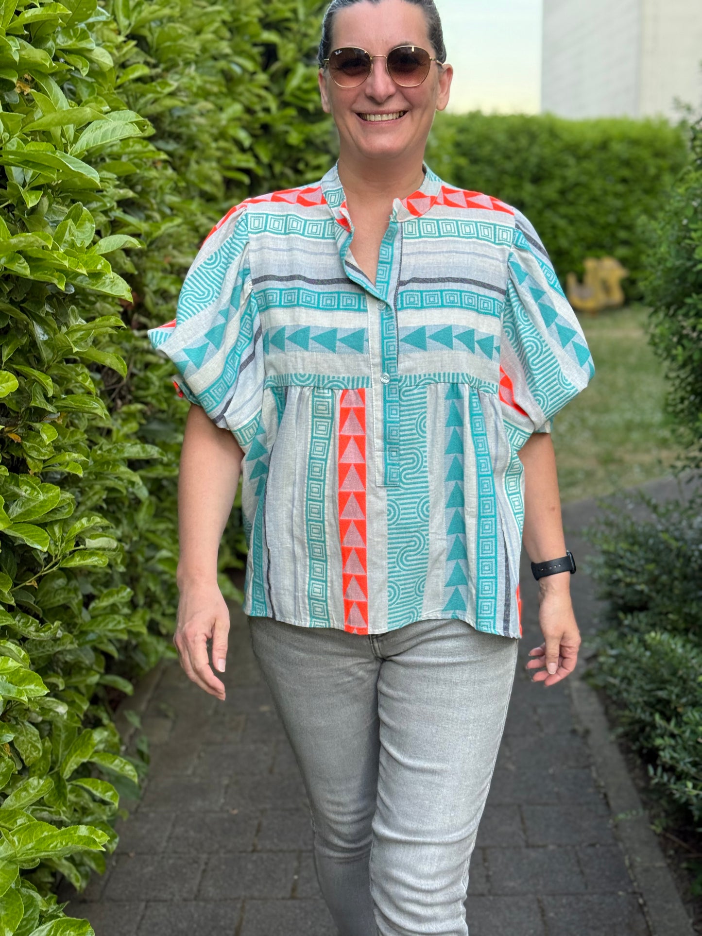 Boho-Bluse mit Ethno Muster blau/orange