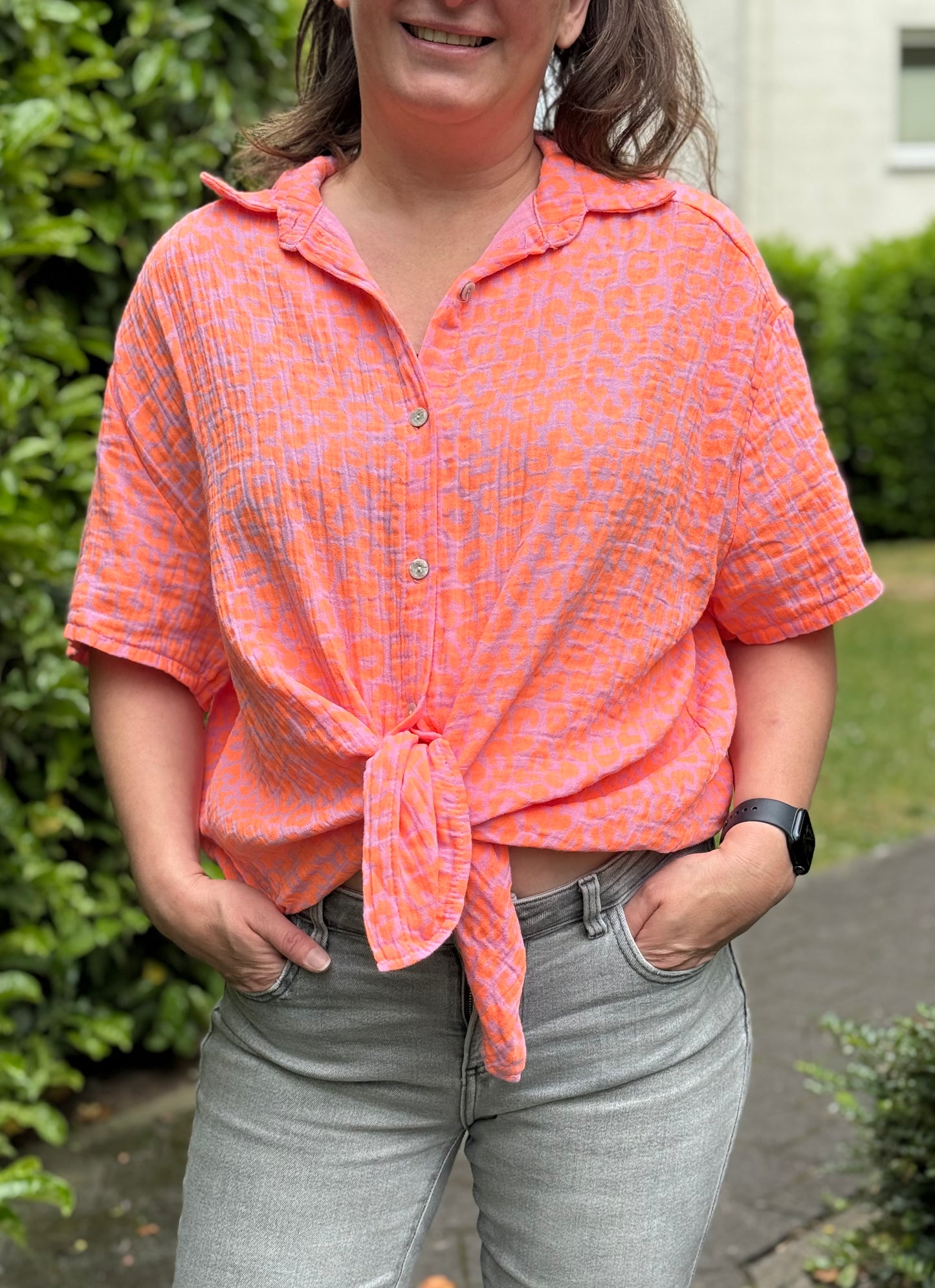 "Waffle" Musselin Bluse Leo koralle/orange