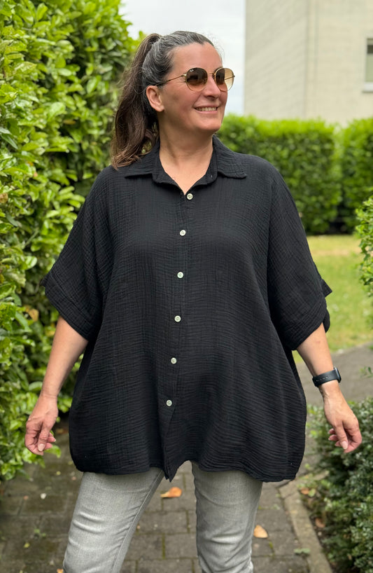 "Waffle" Musselin Bluse schwarz