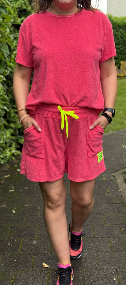 Set aus Frottee Shirt und Short pink / neongelb